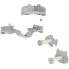 PawHut 4-Piece Cat Wall Shelves with Steps, Ladder, Jumping Platforms, Light Grey