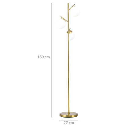 HOMCOM 3-Light Tree Floor Lamps for Living Room, Modern Standing Lamp for Bedroom with Globe Lampshade, Steel Base, Bulb not Included, Gold Tone
