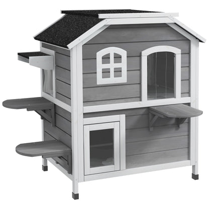 PawHutÂ 2-story Cat House Outdoor, WeatherproofÂ Wooden Cat Enclosure for Feral Cats with Escape Door, Openable Roof, Jumping Platforms, Grey