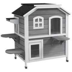 PawHutÂ 2-story Cat House Outdoor, WeatherproofÂ Wooden Cat Enclosure for Feral Cats with Escape Door, Openable Roof, Jumping Platforms, Grey