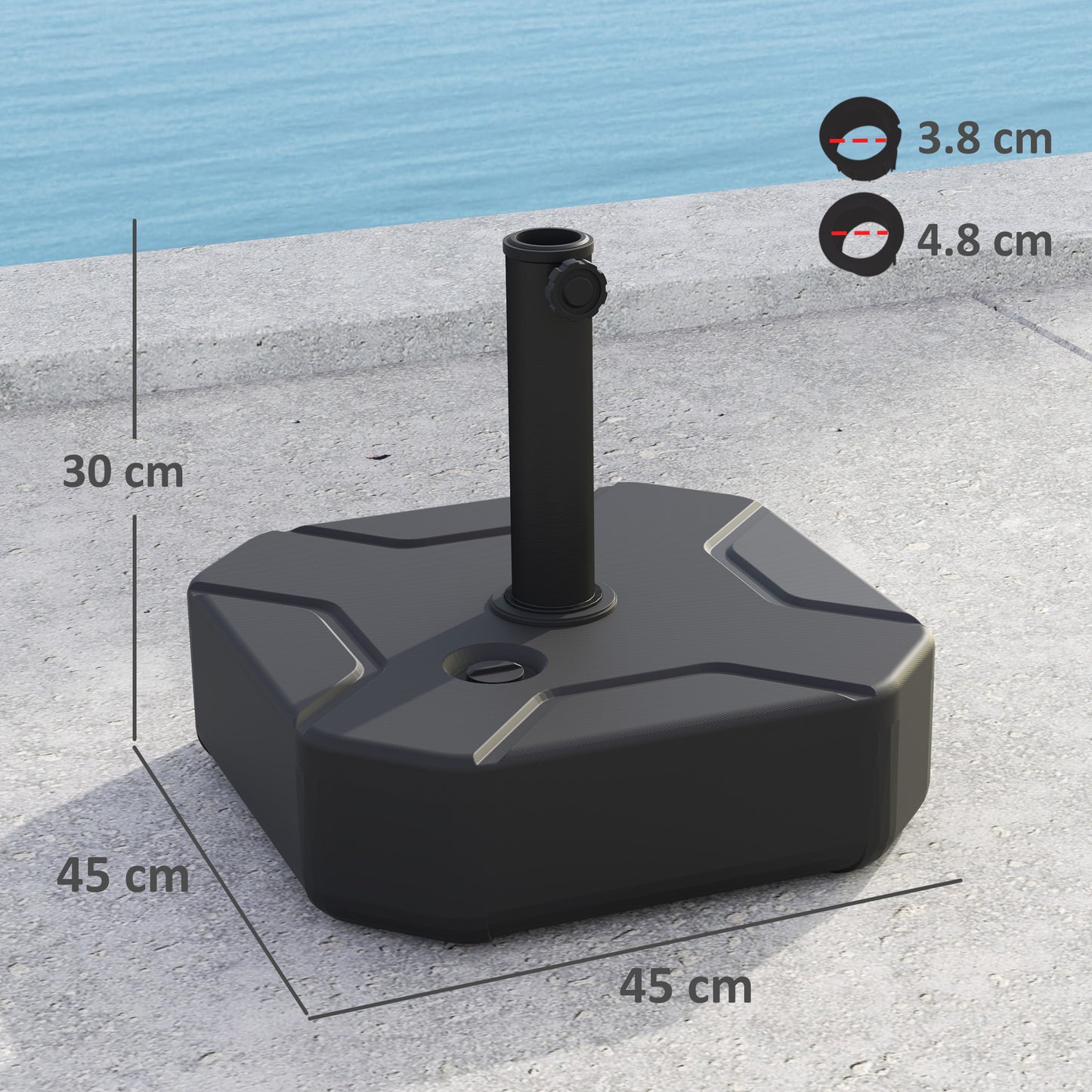 Outsunny Square Garden Parasol Base, Garden Umbrella Stand Heavy Duty Parasol Base, Filled Up to 25kg with Stand or 20kg with Water for for 38, 48 mm Poles, Black