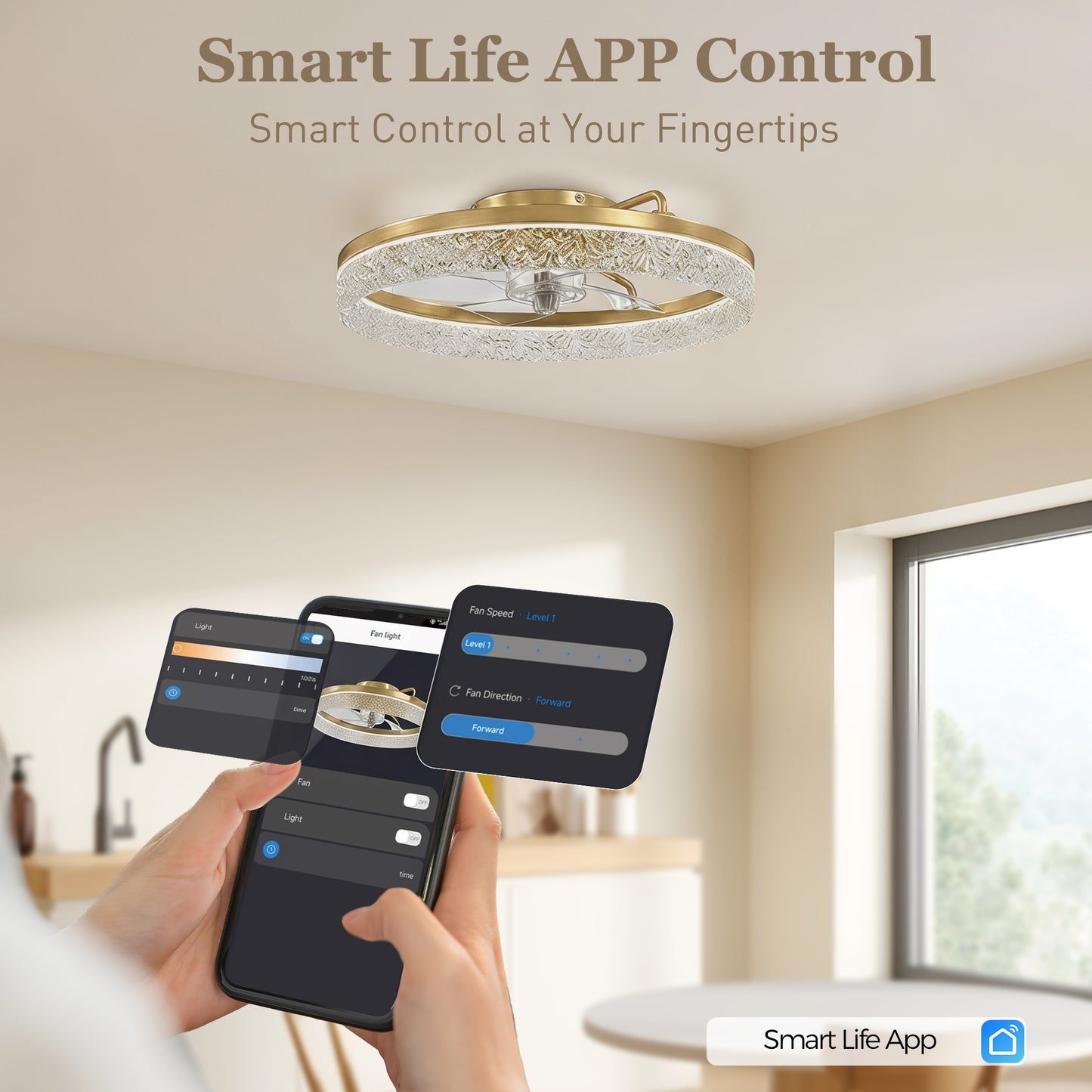 HOMCOM Ceiling Fan with Lights, Dimmable LED Mount Ceiling Fan Light with Remote App Control for Bedroom, Gold Tone