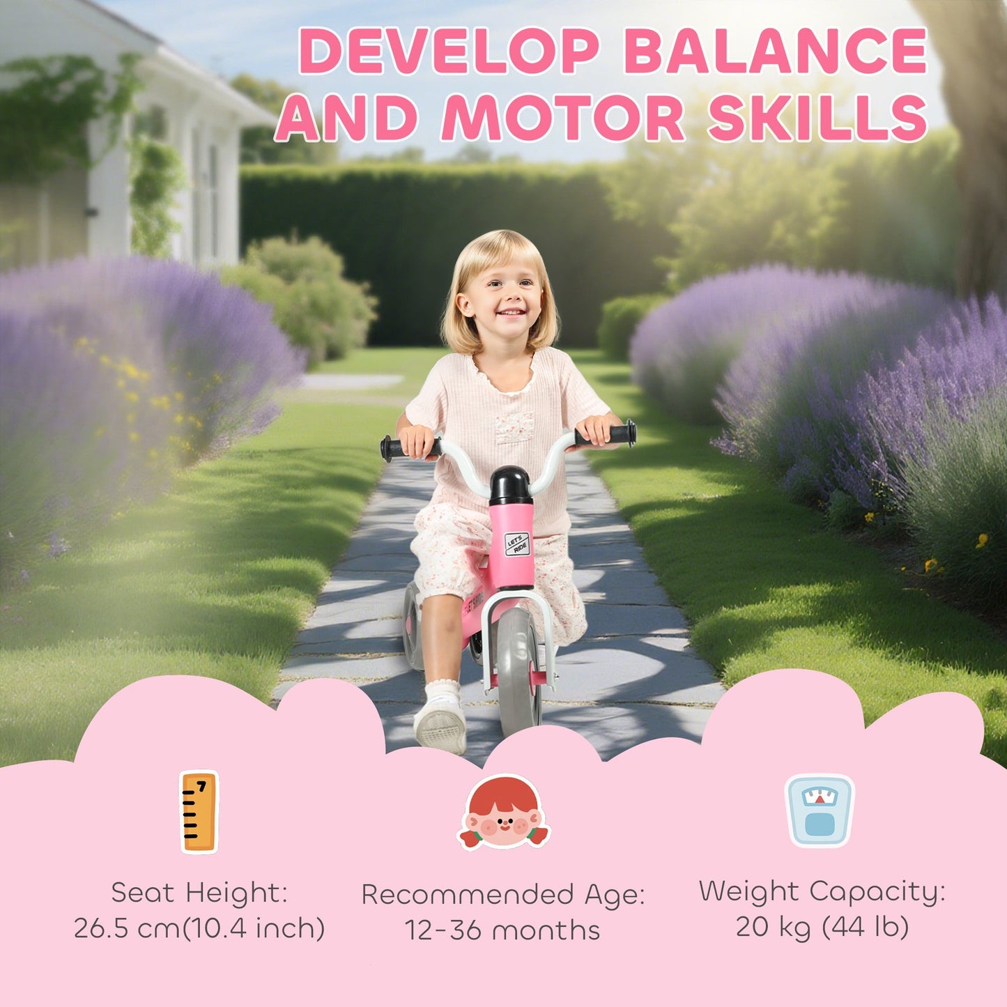 AIYAPLAY Toddler Balance Bike with No Pedal, 3 Silence Wheels for 12-36 Months Boys and Girls, Indoor Outdoor, Pink