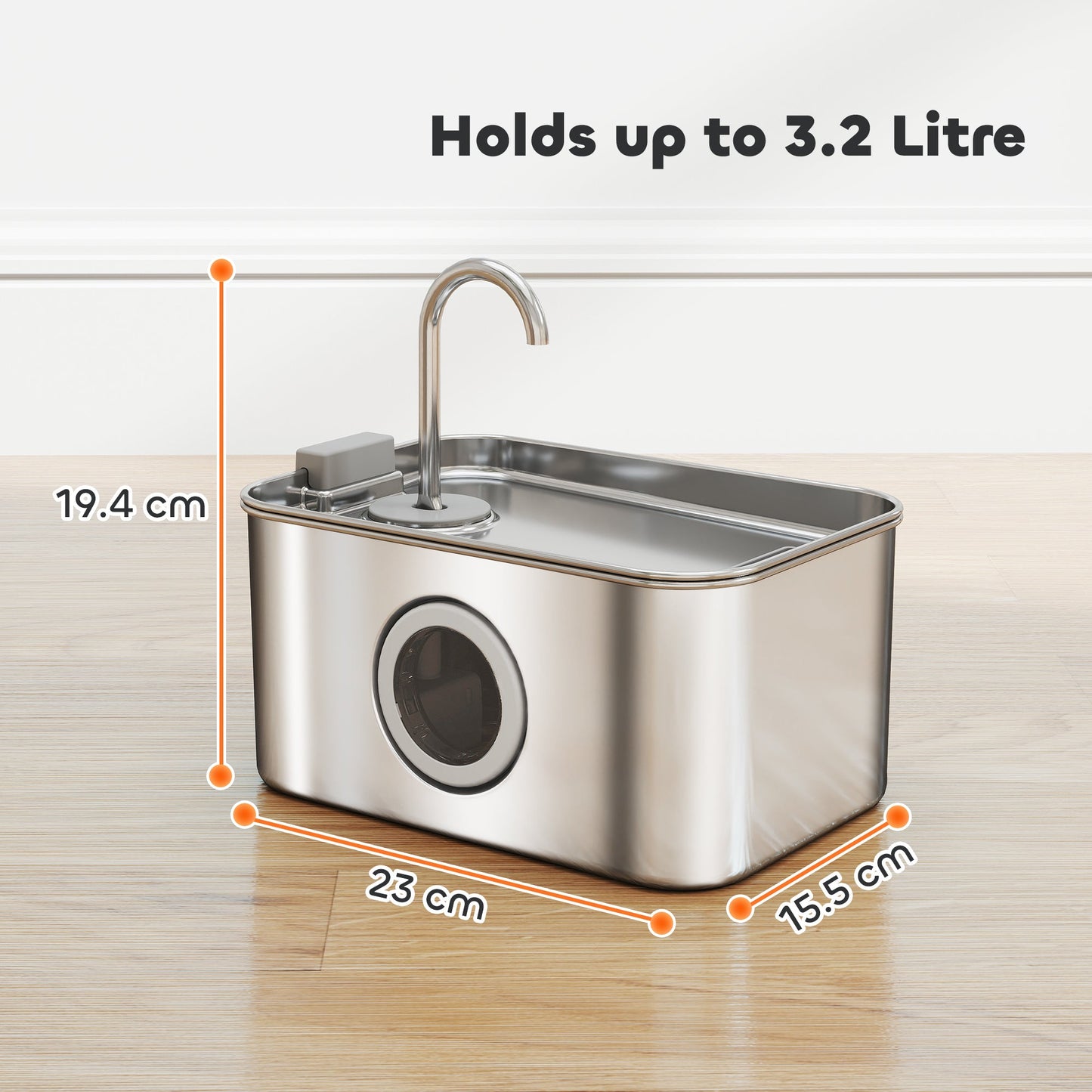 PawHut 3.2L Cat Water Fountain for Drinking, Cat Fountain Stainless Steel with Visible Water-Level Window, Ultra-Silent Pump