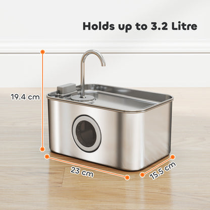 PawHut 3.2L Cat Water Fountain for Drinking, Cat Fountain Stainless Steel with Visible Water-Level Window, Ultra-Silent Pump
