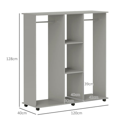 HOMCOM Open Wardrobe Double Mobile Storage Shelves Organizer W/6 Wheels-Grey