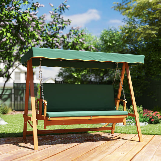 Outsunny 3 Seater 2-in-1 Wooden Garden Swing Seat Swing Chair Outdoor Convertible Hammock Bench Furniture Lounger Bed Wood, Dark Green