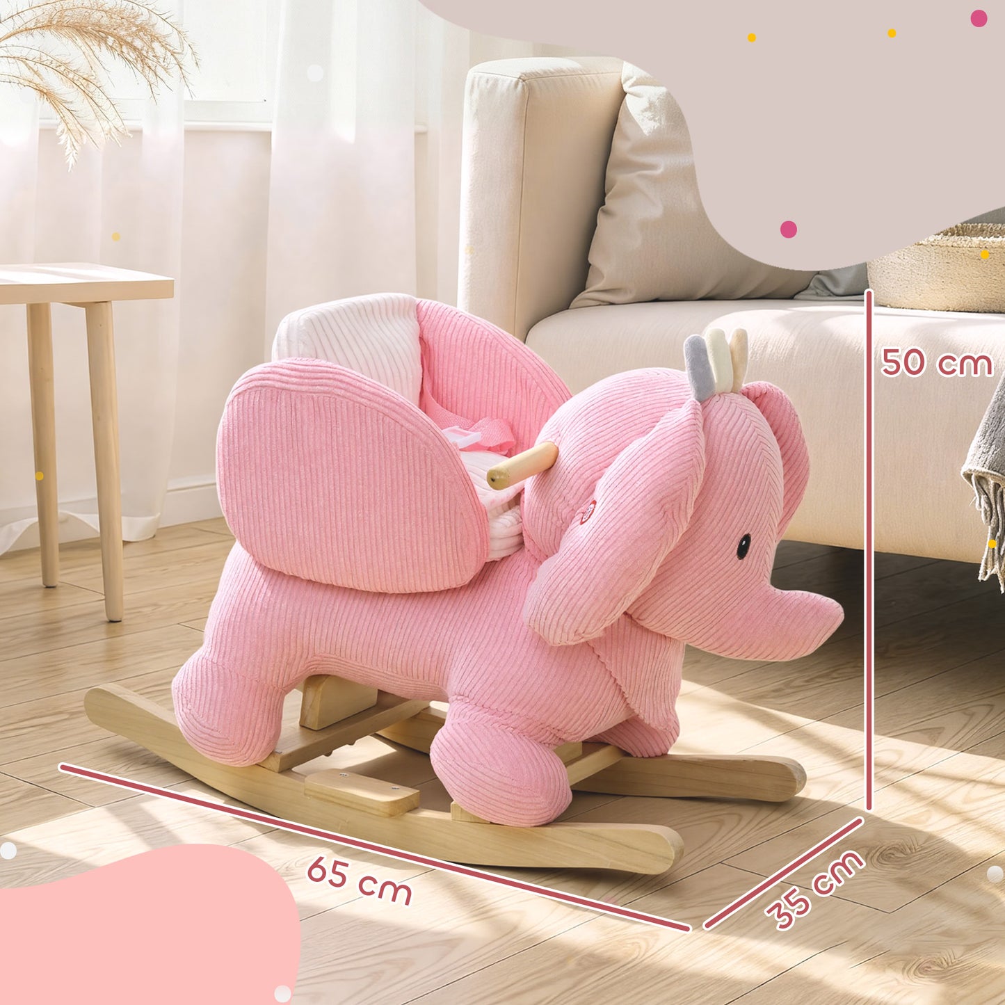 AIYAPLAY Kids Rocking Horse, Baby Ride on Elephant Rocker with Safety Belt and Sound for Toddlers 18 to 36 Months, Pink