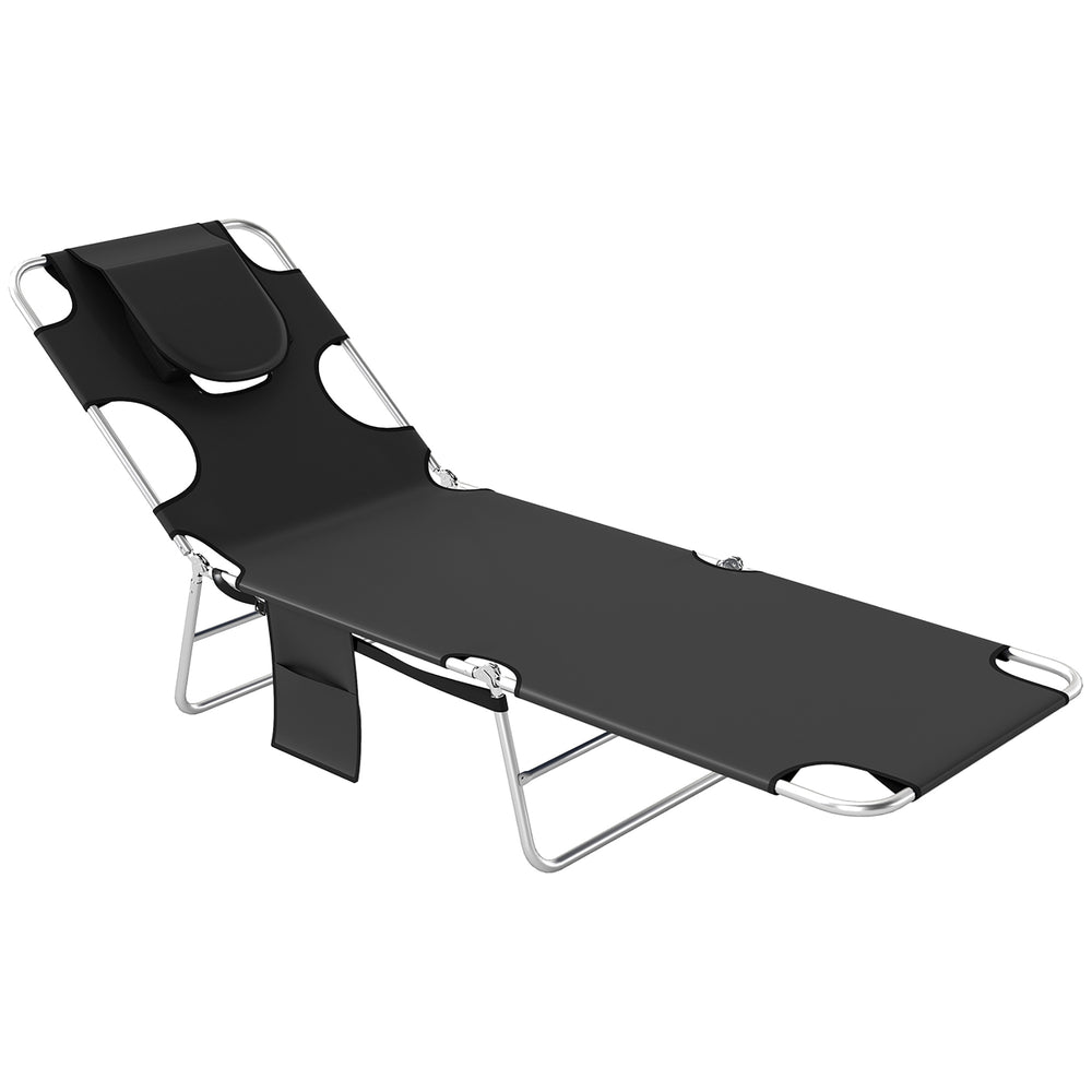 Outsunny Foldable Sun Lounger, Beach Chaise Lounge with Reading Hole, Arm Slots, 5-Position Adjustable Backrest, Side Pocket, Pillow for Garden, Beach, Pool, Black