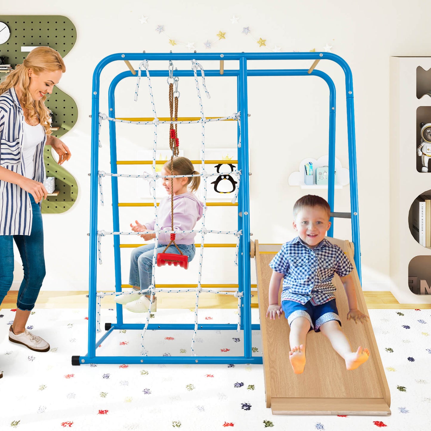 6-in-1 Indoor Jungle Gym Metal Climber with Slide and Monkey Bars-Blue