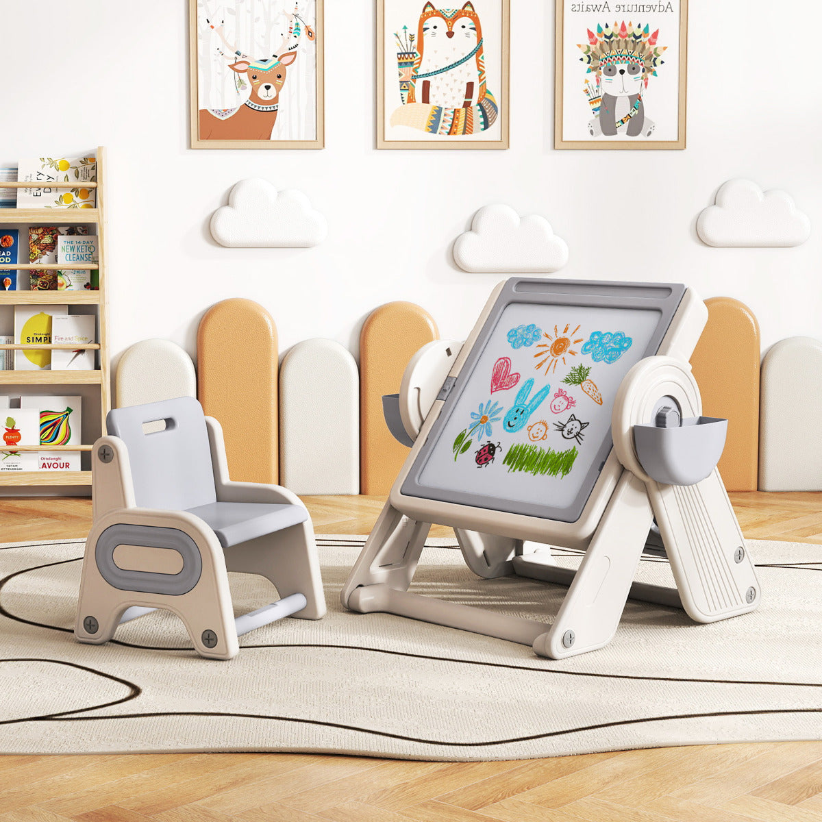 6-in-1 Multi-activity Children Table & Chair Folding Art Easel Set-Grey