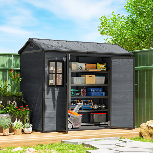 Outsunny 8 x 4 ft Resin Garden Shed, Wood-Effect Outdoor Storage Shed with Floor, Windows, Lockable Doors and Vents, Dark Grey