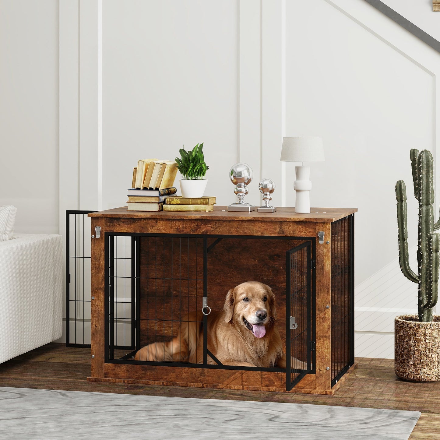 PawHut Dog Crate Furniture with Openable Top, Two Doors, for Large Dogs, Rustic Brown