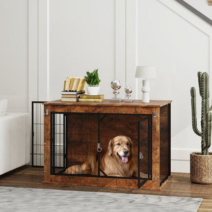 PawHut Dog Crate Furniture with Openable Top, Two Doors, for Large Dogs, Rustic Brown