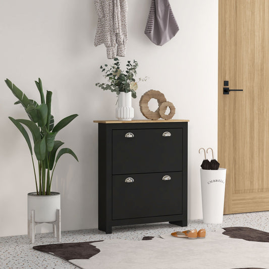 HOMCOM 2 Drawer Shoe Cabinet Modern Narrow Shoe Cupboard Hallway Wooden Storage Organiser with Flip Doors Adjustable Shelf for 6-12 Pairs, Black