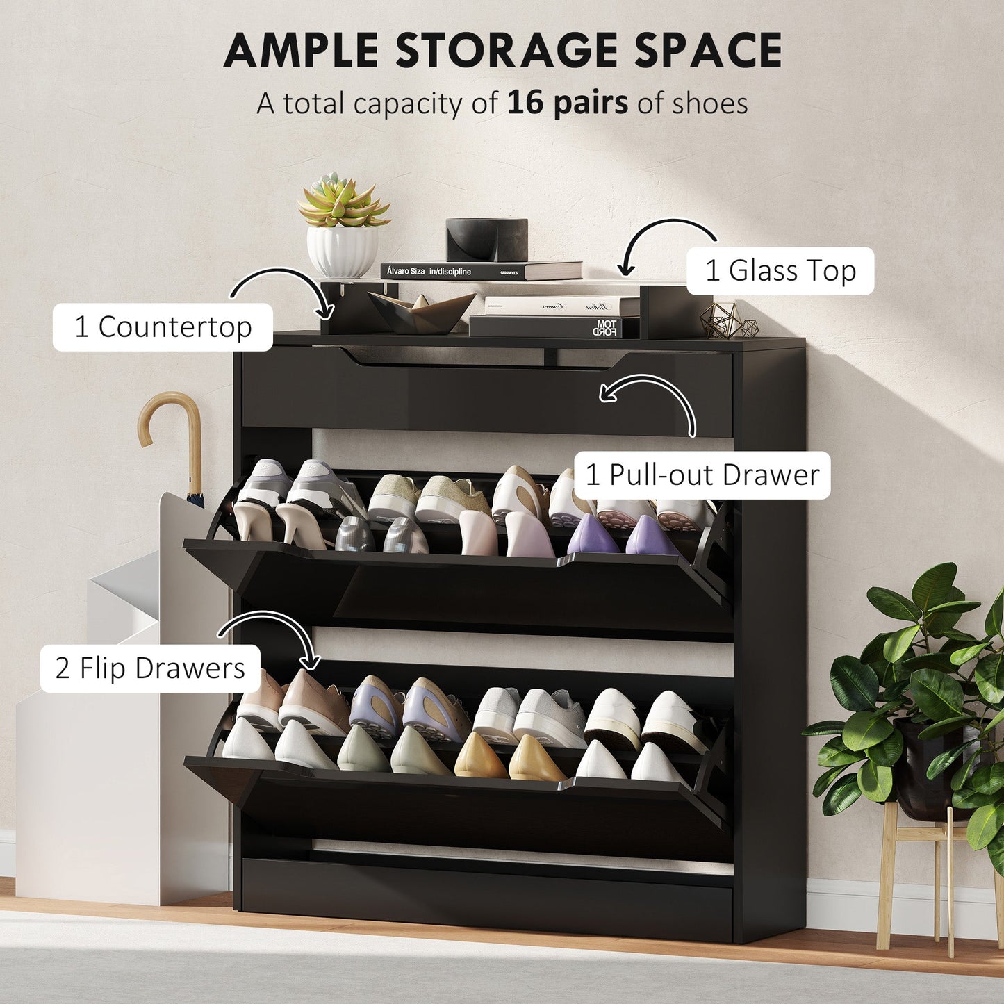 HOMCOM Shoe Storage Cabinet with Slide Out Drawer, 2 Flip Doors, Tempered Glass Top - Black