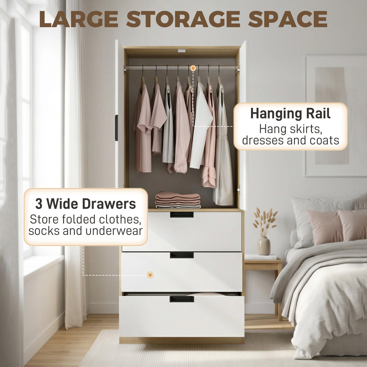 HOMCOM Modern Clothes Storage Cupboard Unit, 3 Drawer 2 Door Wardrobe with Hanging Rod, Oak
