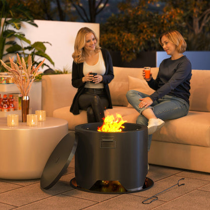 Outsunny Outdoor Round Fire Pit with Lid and Fire Poker - Black