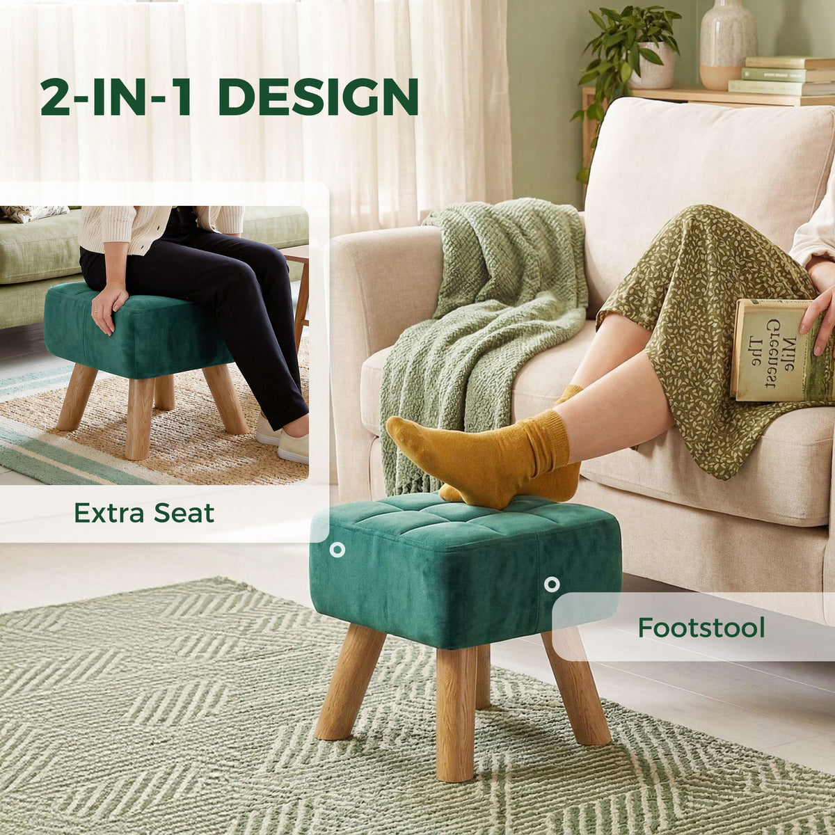 HOMCOM Velvet Square Padded Footstool - Dark Green