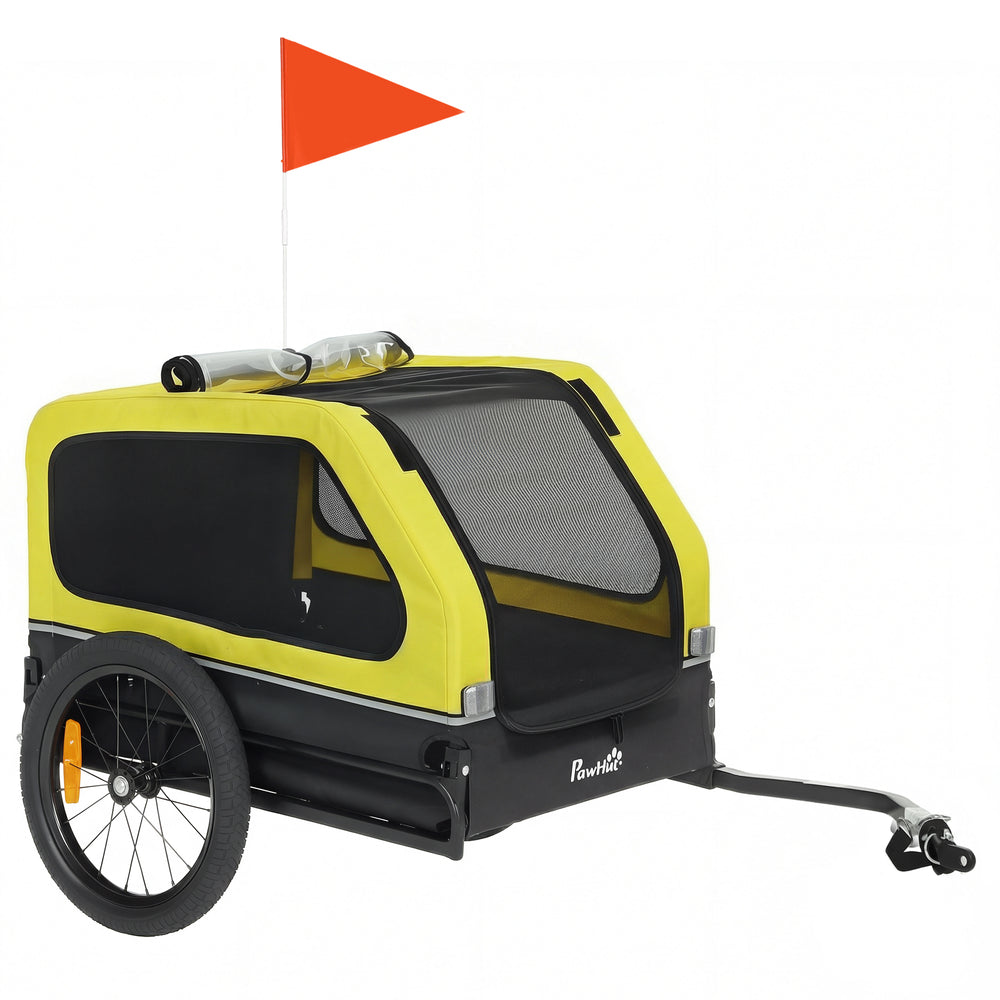 PawHut Dog Bike Trailer with Flip-Down Ramp Tailgate, Quick Release Frame, Universal Bicycle Coupler, Reflectors, Yellow