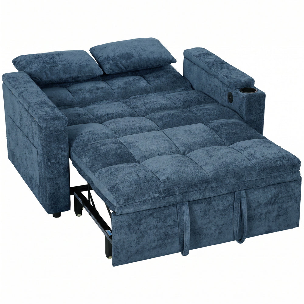 HOMCOM 2 Seater Sofa Bed, 3-in-1 Convertible Pull Out Sleeper Bed with Hidden Table, USB Port, Armrest Storage, Dark Blue