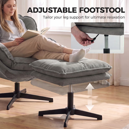 HOMCOM Armchair with Adjustable Footstool, 360-Degree Swivel Chenille Cloud Accent Chair with Thick Cushion, Steel Base, Grey