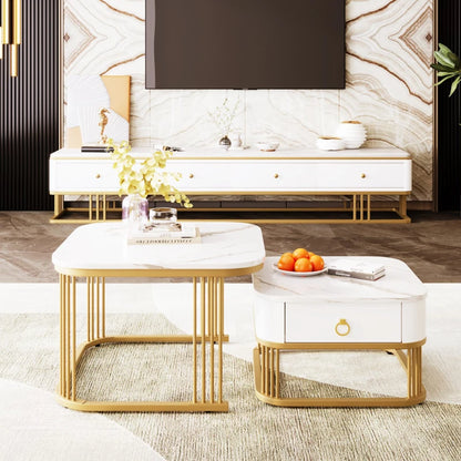 Nestable Coffee Table Set of Two with High Gloss Marble Top, Gold Accents, and Drawer, Perfect Side Tables for Living Room, 60x60x45 cm + 50x50x34 cm, White