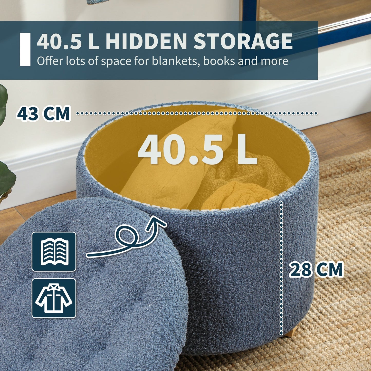 HOMCOM 40.5L Teddy Fleece Storage Ottoman - Blue