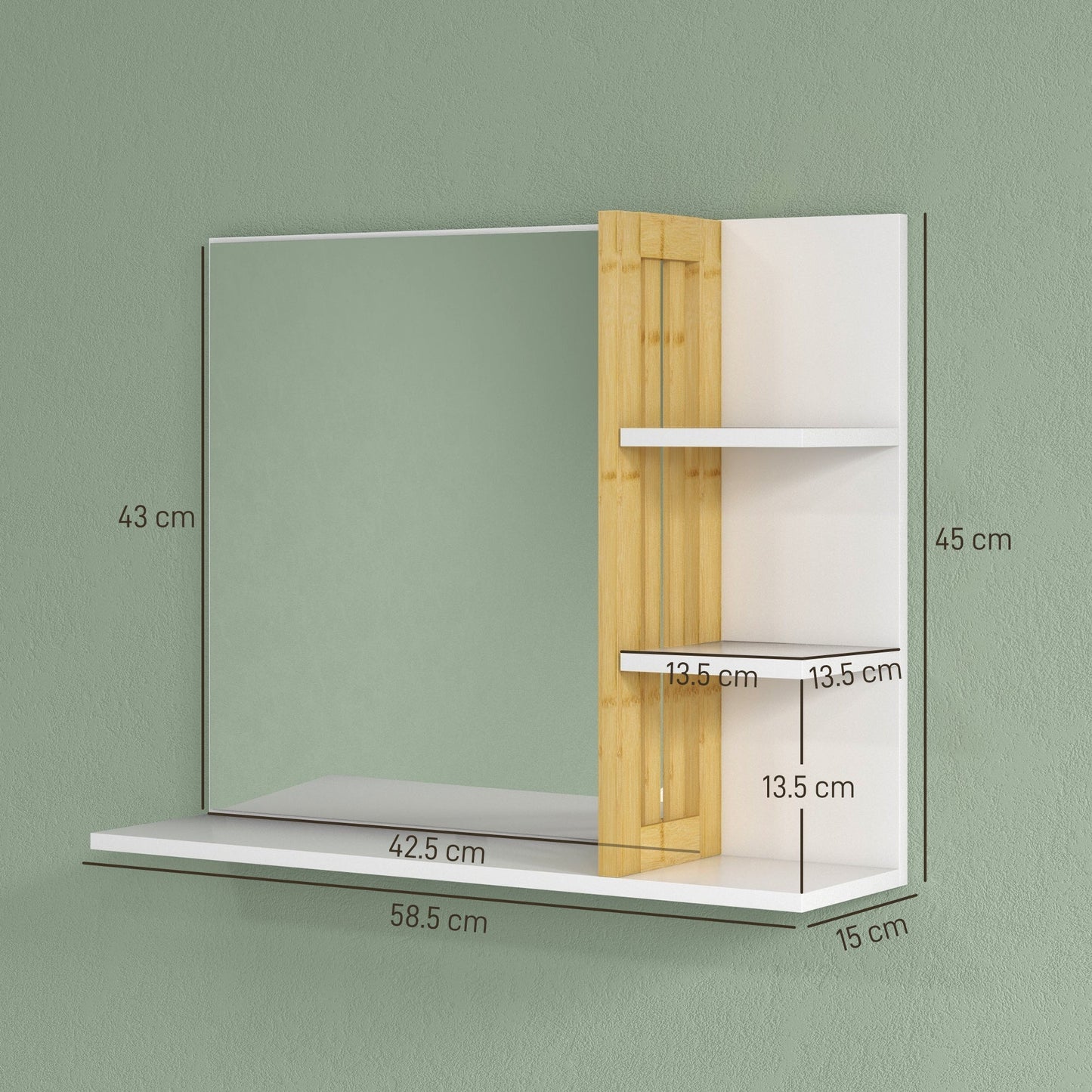 HOMCOM Bamboo Panel Bathroom Mirror, with Shelves - White
