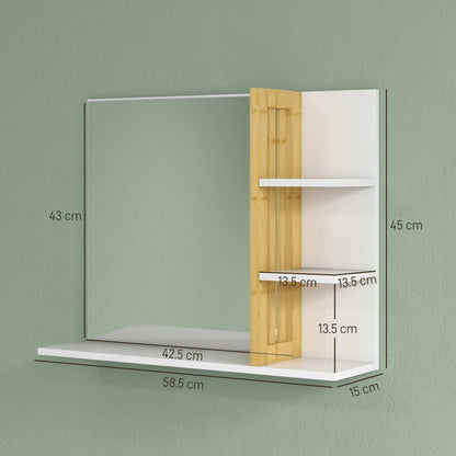 HOMCOM Bamboo Panel Bathroom Mirror, with Shelves - White