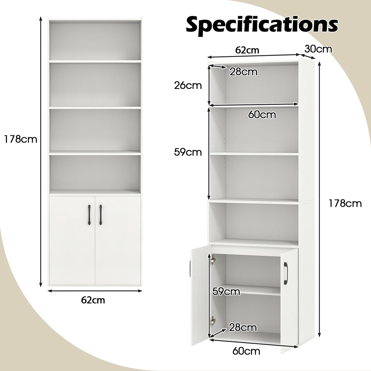 6-tier Modern Style Bookcase with Adjustable Shelves-White