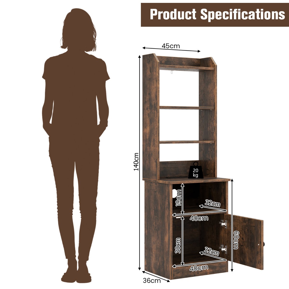 6-Tier Nightstand with Charging Station Bedside Tables Tall Night Stands-Rustic Brown