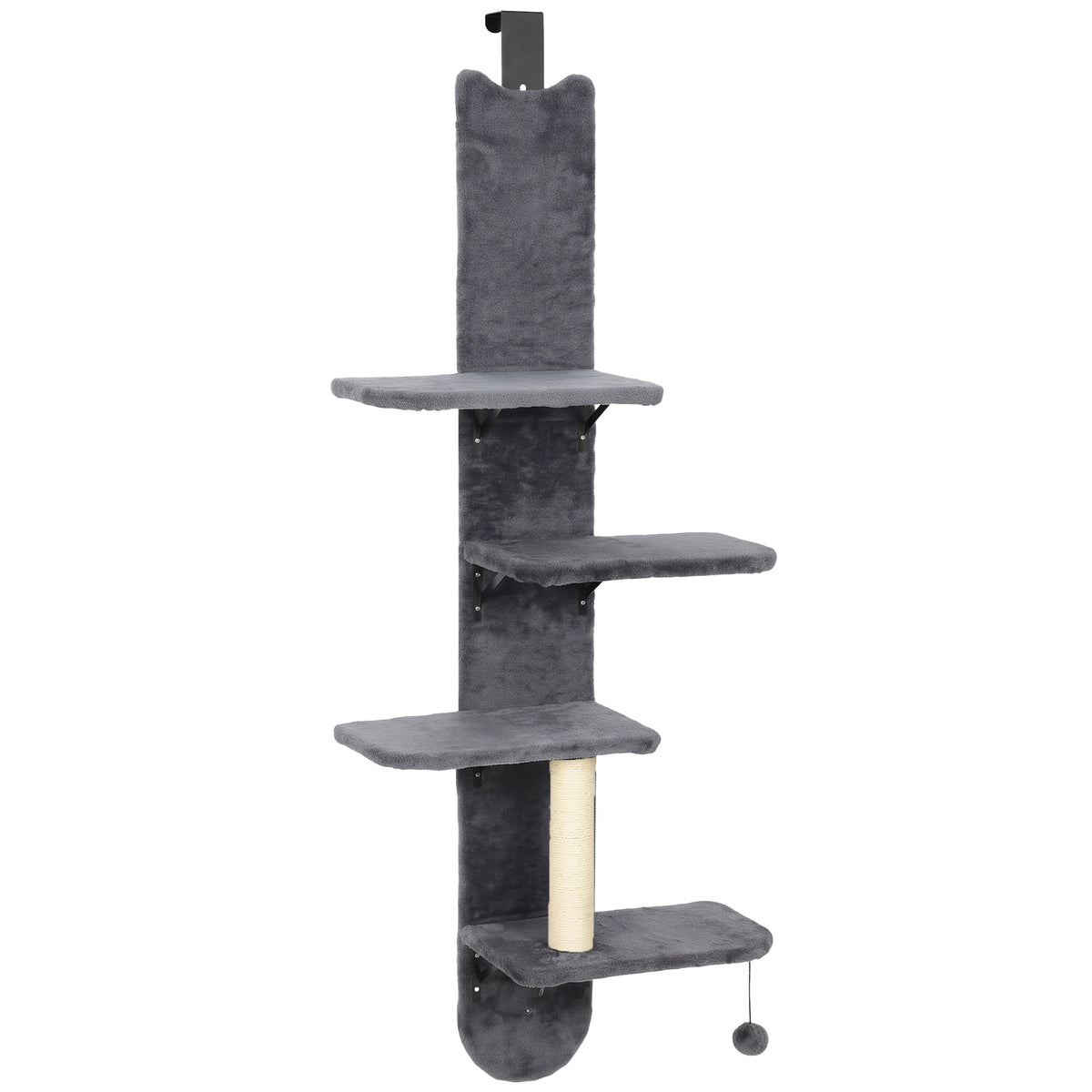PawHut Door Hanging Cat Shelf, 4-Level Over Door Cat Climber with Platforms, Scratching Post and Hanging Ball, Dark Grey