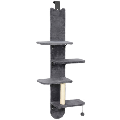 PawHut Door Hanging Cat Shelf, 4-Level Over Door Cat Climber with Platforms, Scratching Post and Hanging Ball, Dark Grey