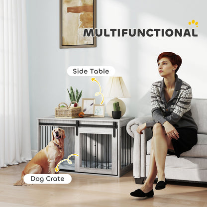 PawHut 98cm Dog Crate Furniture with Removable Cushion for Large Dogs - Grey