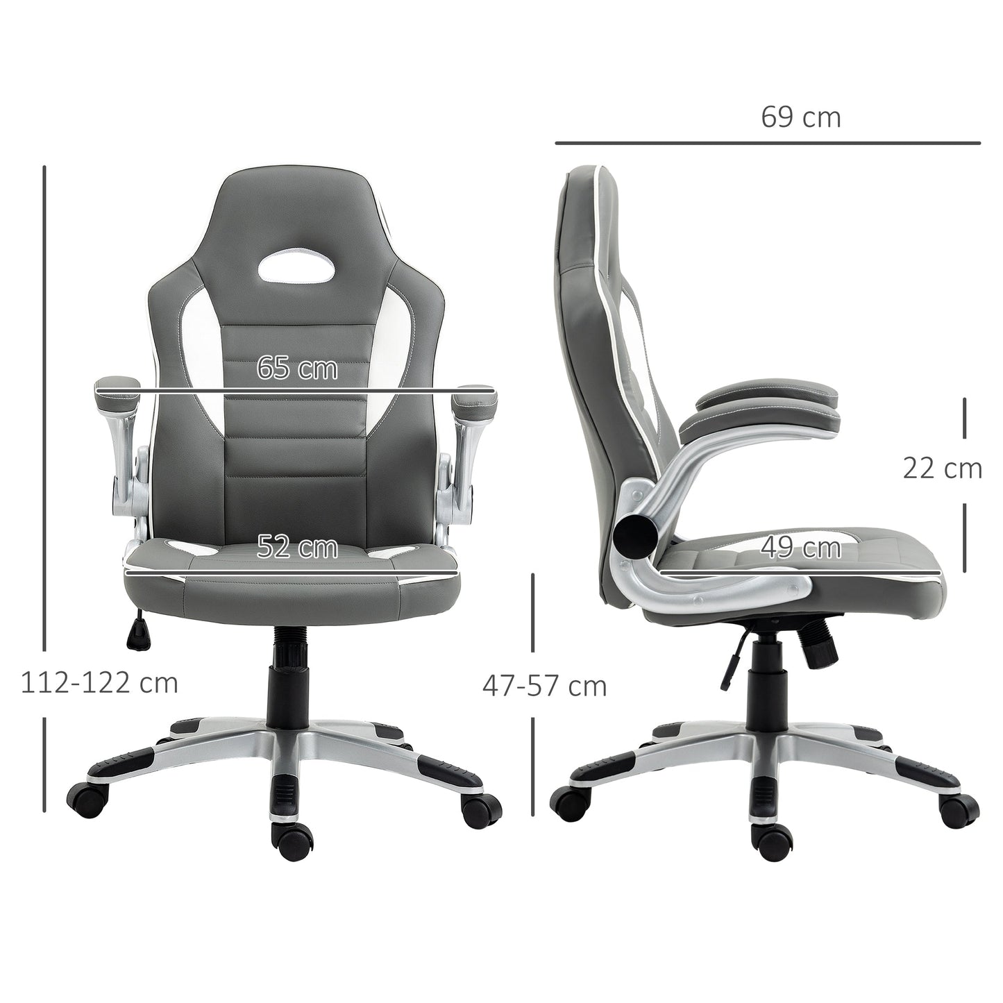 Vinsetto Computer Gaming Chair, Office Desk Swivel Chair, PU Leather Racing Chair with 90  Flip-up Armrest, Adjustable Height and Rolling Wheels, Grey