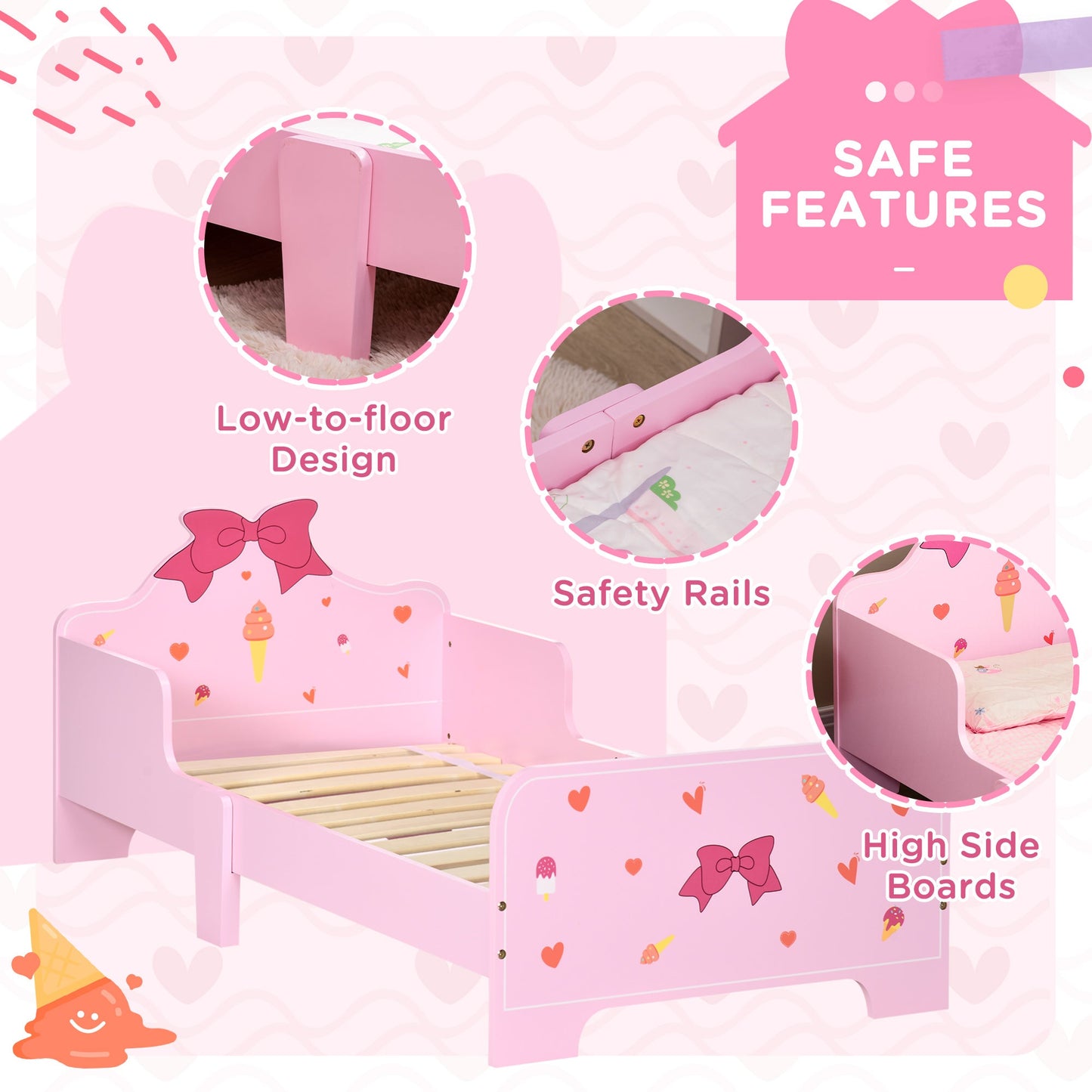 ZONEKIZ 5PCs Kids Bedroom Furniture Set with Bed, Toy Box Bench, Storage Unit, Dressing Table and Stool, Princess Themed, for 3-6 Years Old, Pink