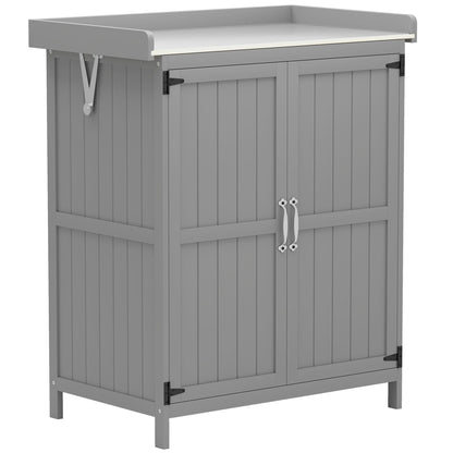 Outsunny Wooden Garden Shed, Garden Tool Storage Shed with Hinged Roof and Shelf, Outdoor Storage Cabinet with Double Doors, Grey