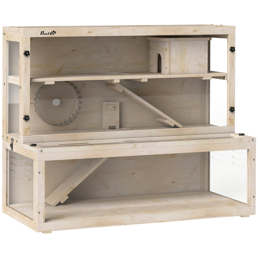 PawHut Wooden Hamster Cage with Hut, Wheel, Ramps, Removable Viewing Panels, 100 x 50 x 84 cm, Natural Wood