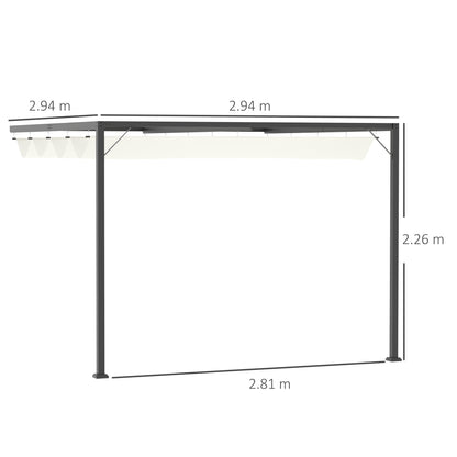 Outsunny 3 x 3(m) Outdoor Lean To Pergola Retractable Canopy Wall Mounted Gazebo Patio Shelter Sun Shade, Cream White