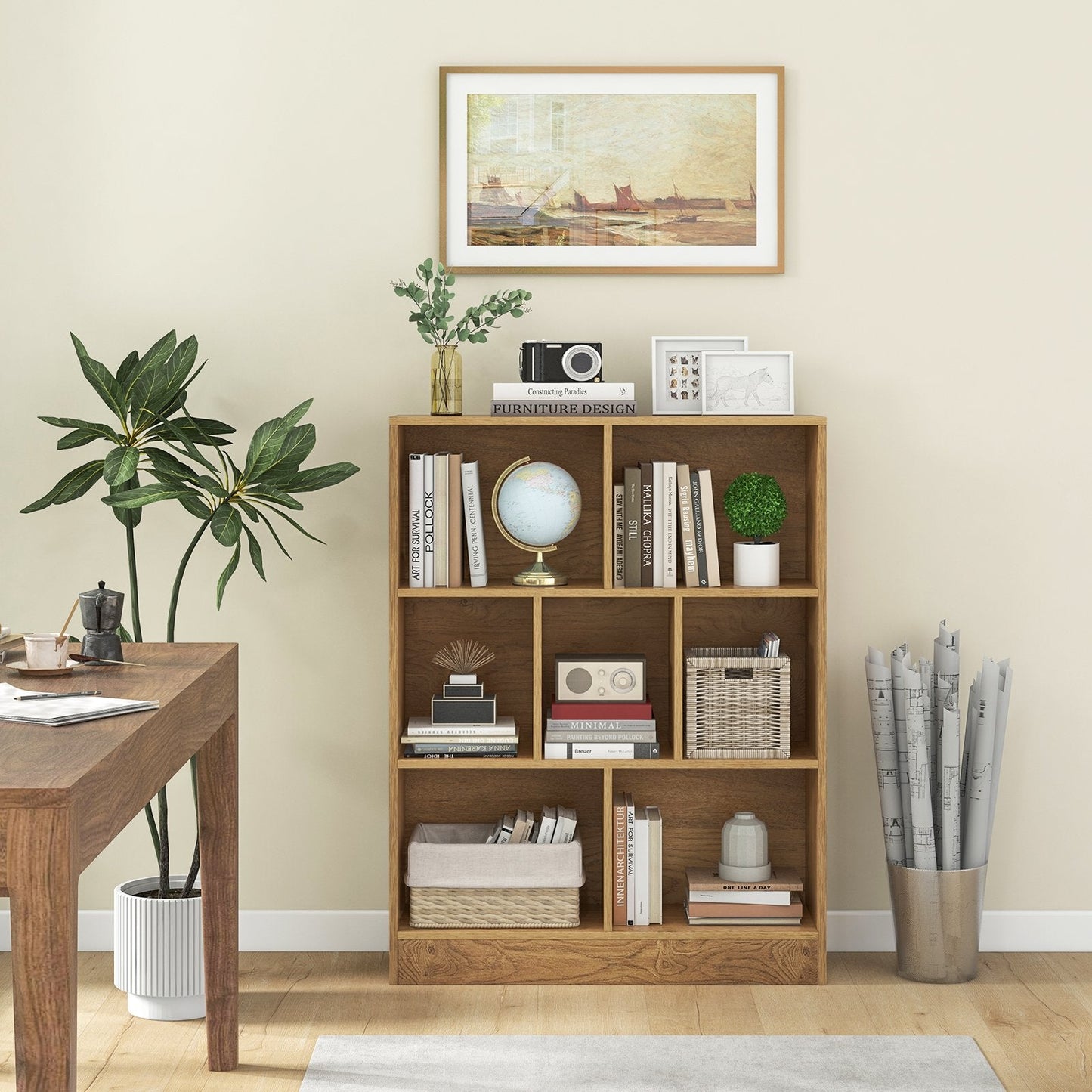 7-Cube Bookshelf with 2 Anti-Tipping Kits for Living Room and Kid’s Room-Natural