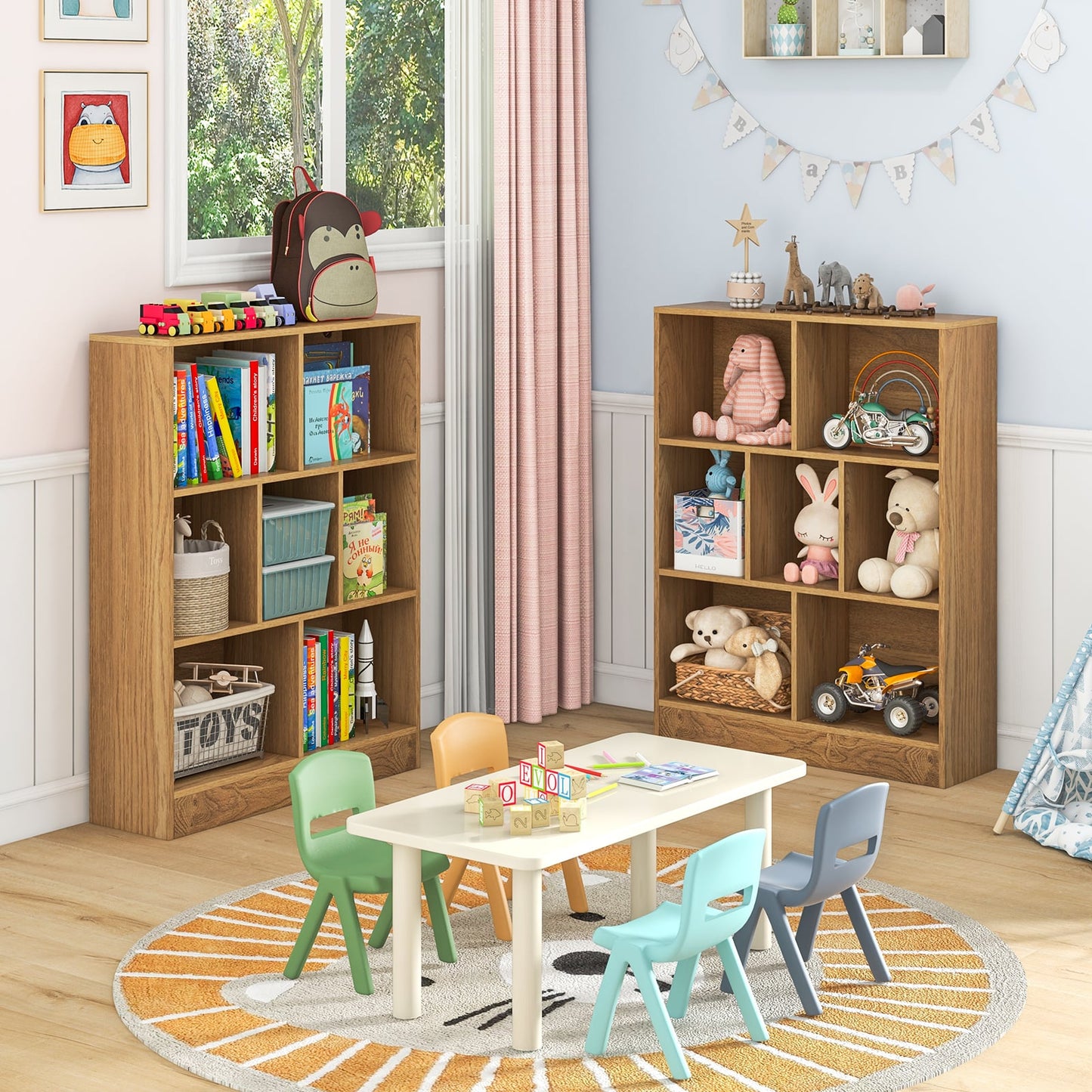 7-Cube Bookshelf with 2 Anti-Tipping Kits for Living Room and Kid’s Room-Natural