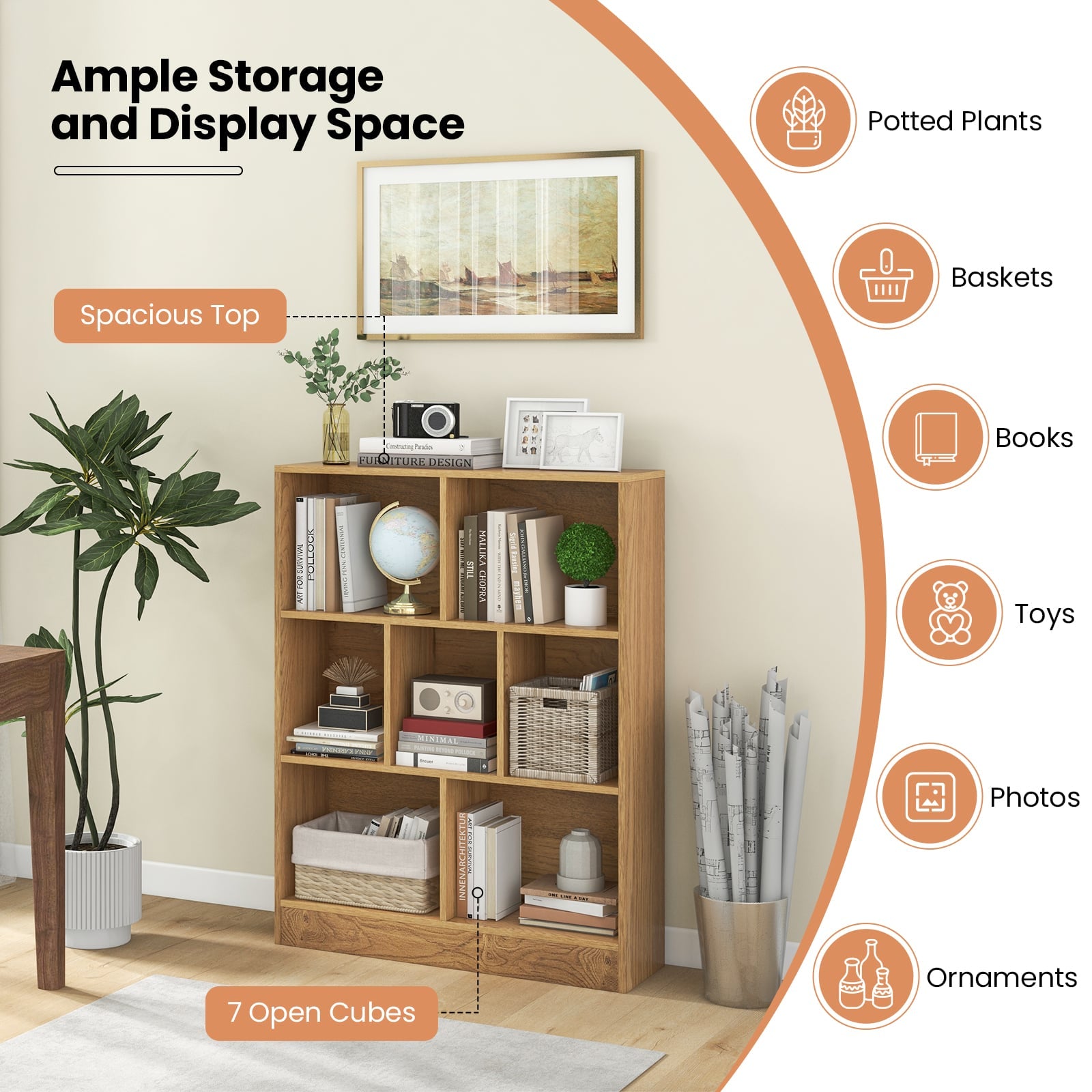 7-Cube Bookshelf with 2 Anti-Tipping Kits for Living Room and Kid’s Room-Natural