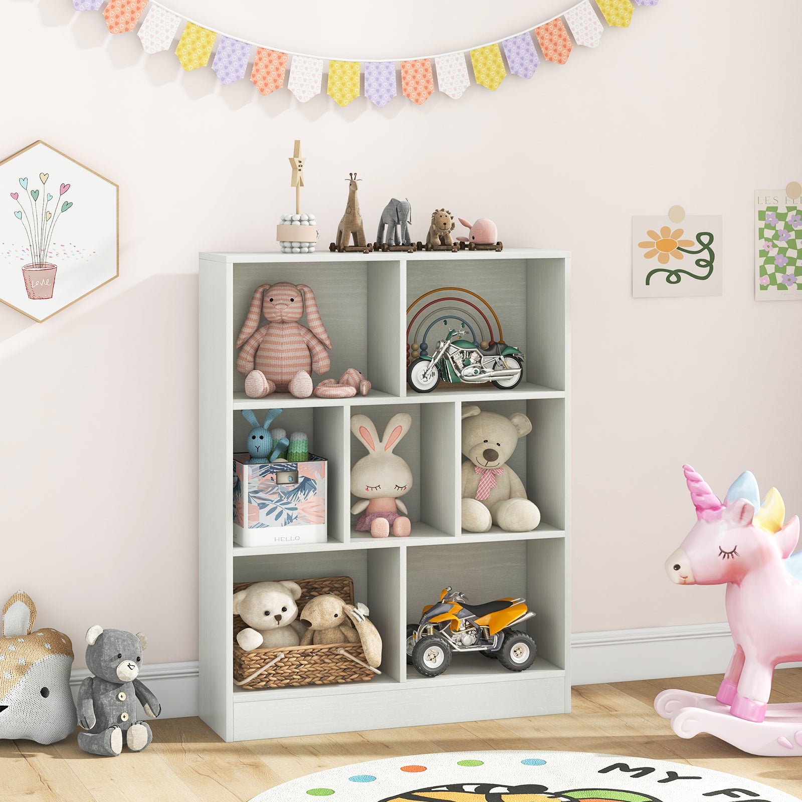 7-Cube Bookshelf with 2 Anti-Tipping Kits for Living Room and Kid’s Room-White