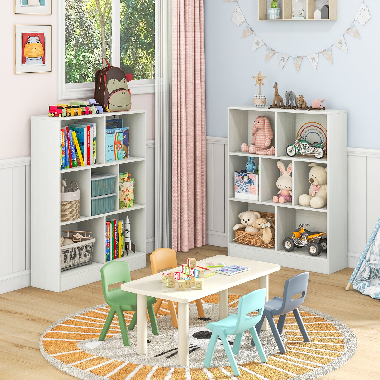 7-Cube Bookshelf with 2 Anti-Tipping Kits for Living Room and Kid’s Room-White