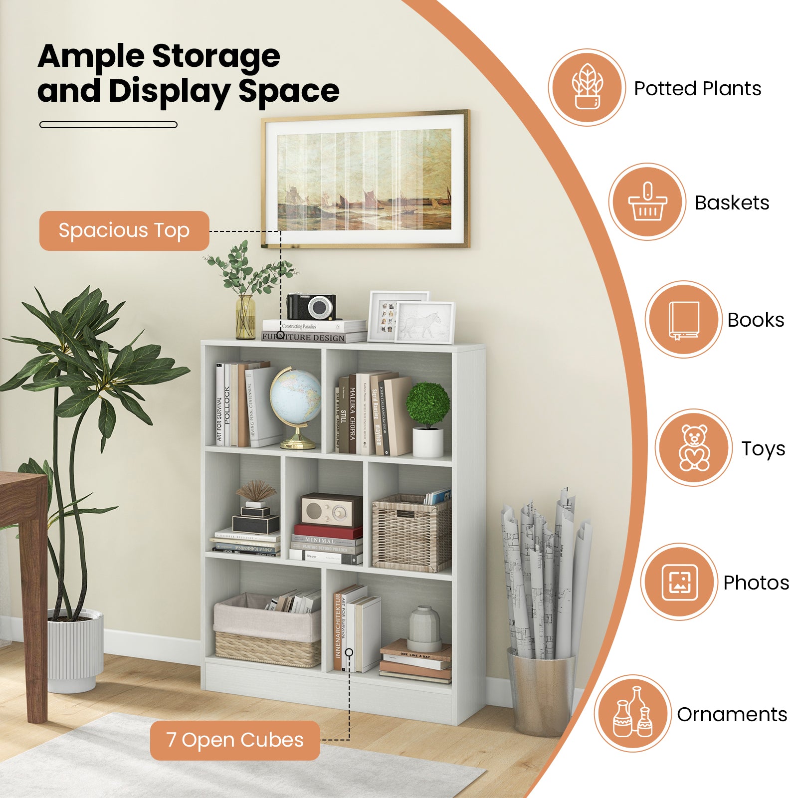7-Cube Bookshelf with 2 Anti-Tipping Kits for Living Room and Kid’s Room-White