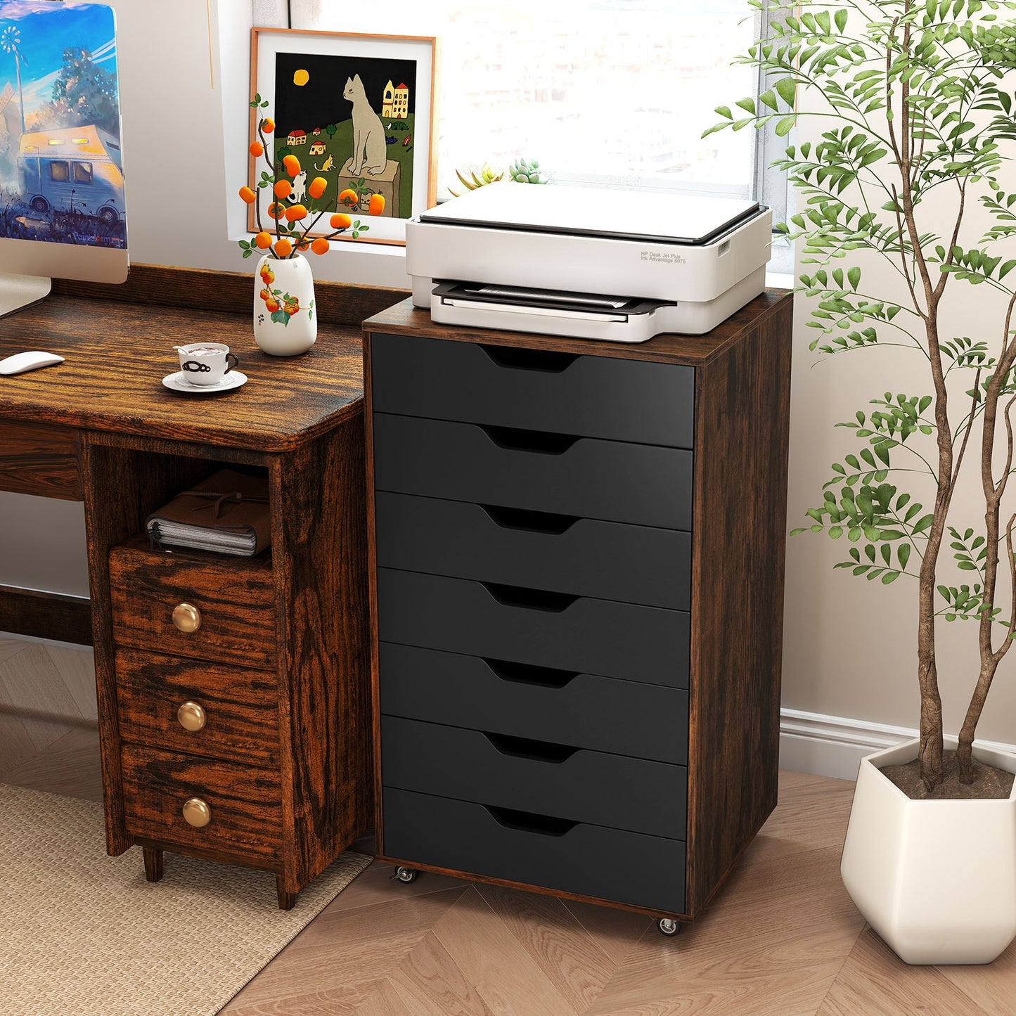 7-Drawer Mobile File Organizer Storage Cabinet with 4 Universal Casters, Rustic Brown Vertical Chest of Drawers on Wheels