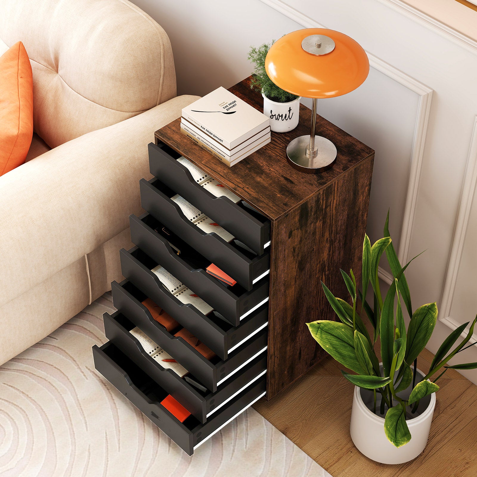 7-Drawer Mobile File Organizer Storage Cabinet with 4 Universal Casters, Rustic Brown Vertical Chest of Drawers on Wheels
