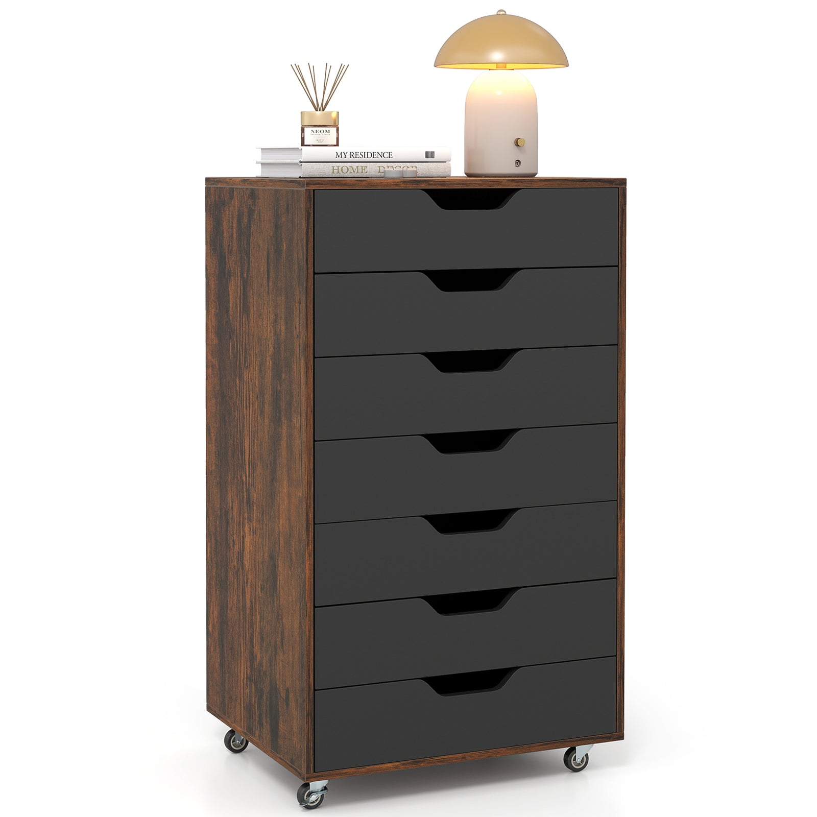 7-Drawer Mobile File Organizer Storage Cabinet with 4 Universal Casters, Rustic Brown Vertical Chest of Drawers on Wheels