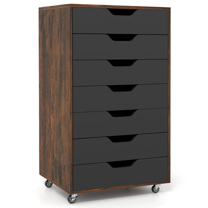 7-Drawer Mobile File Organizer Storage Cabinet with 4 Universal Casters, Rustic Brown Vertical Chest of Drawers on Wheels